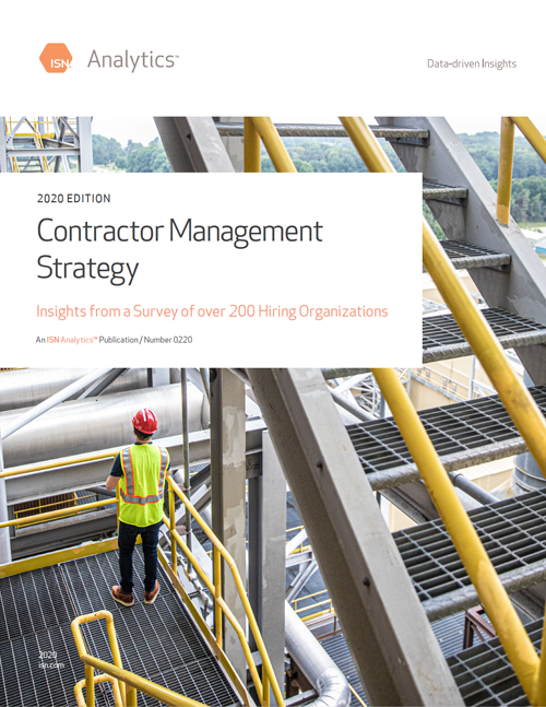 Cover of the 2020 ISN Analytics publication titled "Contractor Management Strategy" featuring a worker in safety gear on industrial stairs.