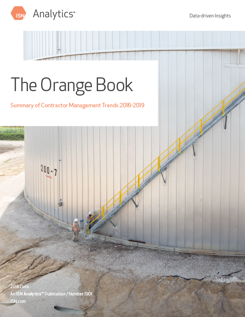 Cover of "The Orange Book," detailing contractor management trends, featuring a silo and a person on a yellow staircase.