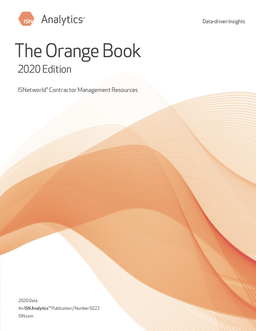 Cover of "The Orange Book 2020 Edition," featuring soft orange waves and text highlighting contractor management resources from ISN Analytics.