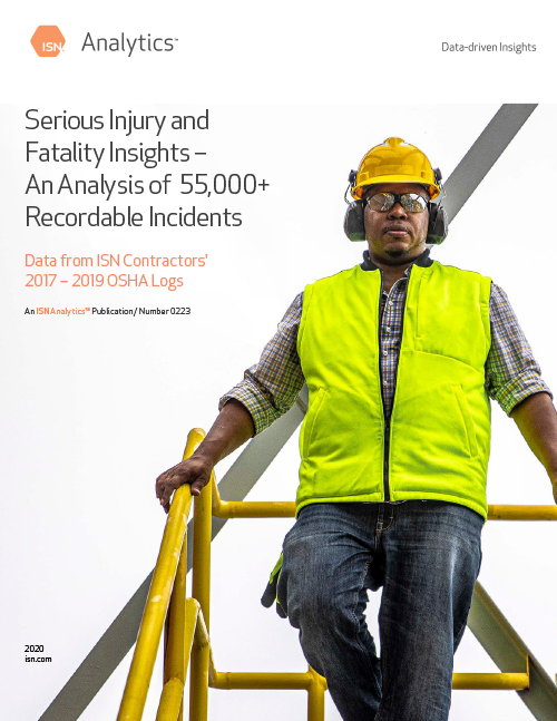 Cover of an ISN Analytics report titled "Serious Injury and Fatality Insights," featuring a worker in safety gear on a ladder.