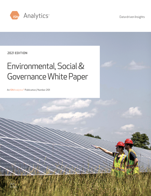 Cover of the 2021 Environmental, Social & Governance White Paper by ISN Analytics, featuring workers inspecting solar panels in the field.