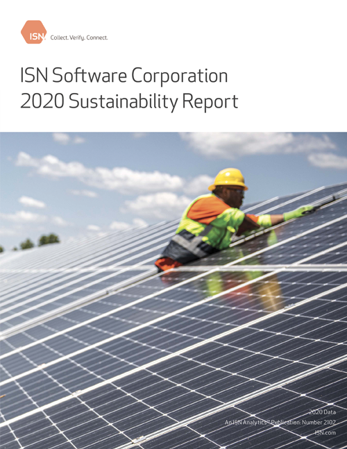 A worker in safety gear installs solar panels under a clear blue sky, showcasing renewable energy efforts for the 2020 Sustainability Report.