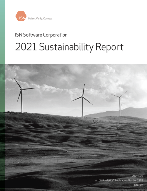 Cover of ISN Software Corporation's 2021 Sustainability Report, featuring wind turbines on a dramatic landscape backdrop.