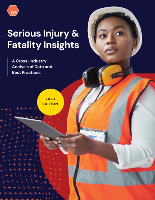 A woman in an orange safety vest and helmet, holding a tablet, features on the cover of the "Serious Injury & Fatality Insights" report.