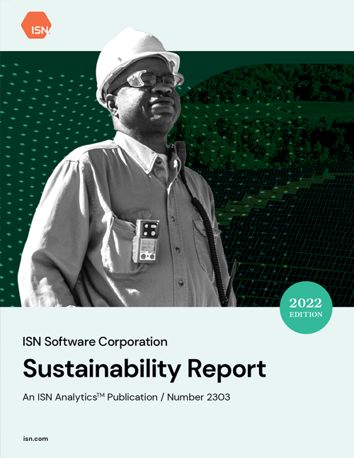 A worker in a safety shirt stands against a graphic background, showcasing the cover of the ISN 2022 Sustainability Report.