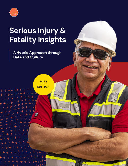 Cover of the "Serious Injury & Fatality Insights 2024 Edition" report, featuring a construction worker in safety gear against a colorful background.