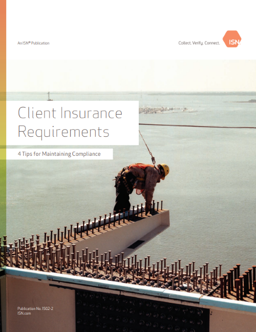 A construction worker balances on a steel beam, with the ocean in the background, illustrating client insurance requirements.