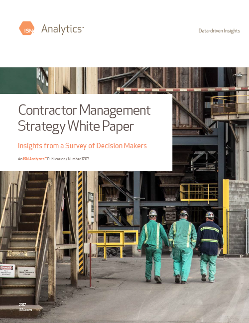 Cover of a report titled "Contractor Management Strategy," featuring construction workers and providing insights from a decision-makers survey.