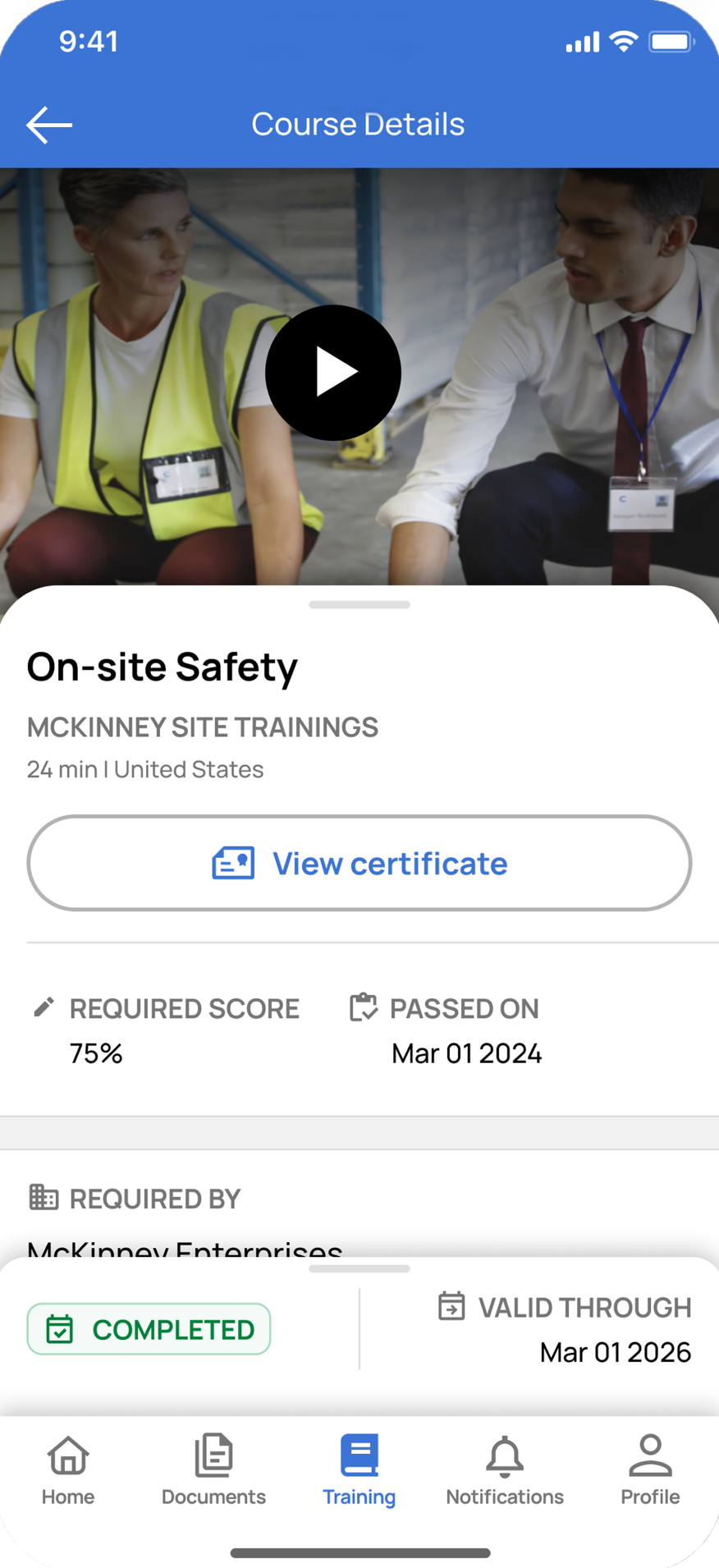 Mobile screen displaying course details for "On-site Safety," including required score, certification status, and validity dates.