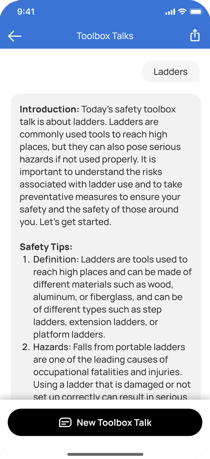 Mobile screen displaying a safety toolbox talk about ladders, including definitions and safety tips for proper usage.