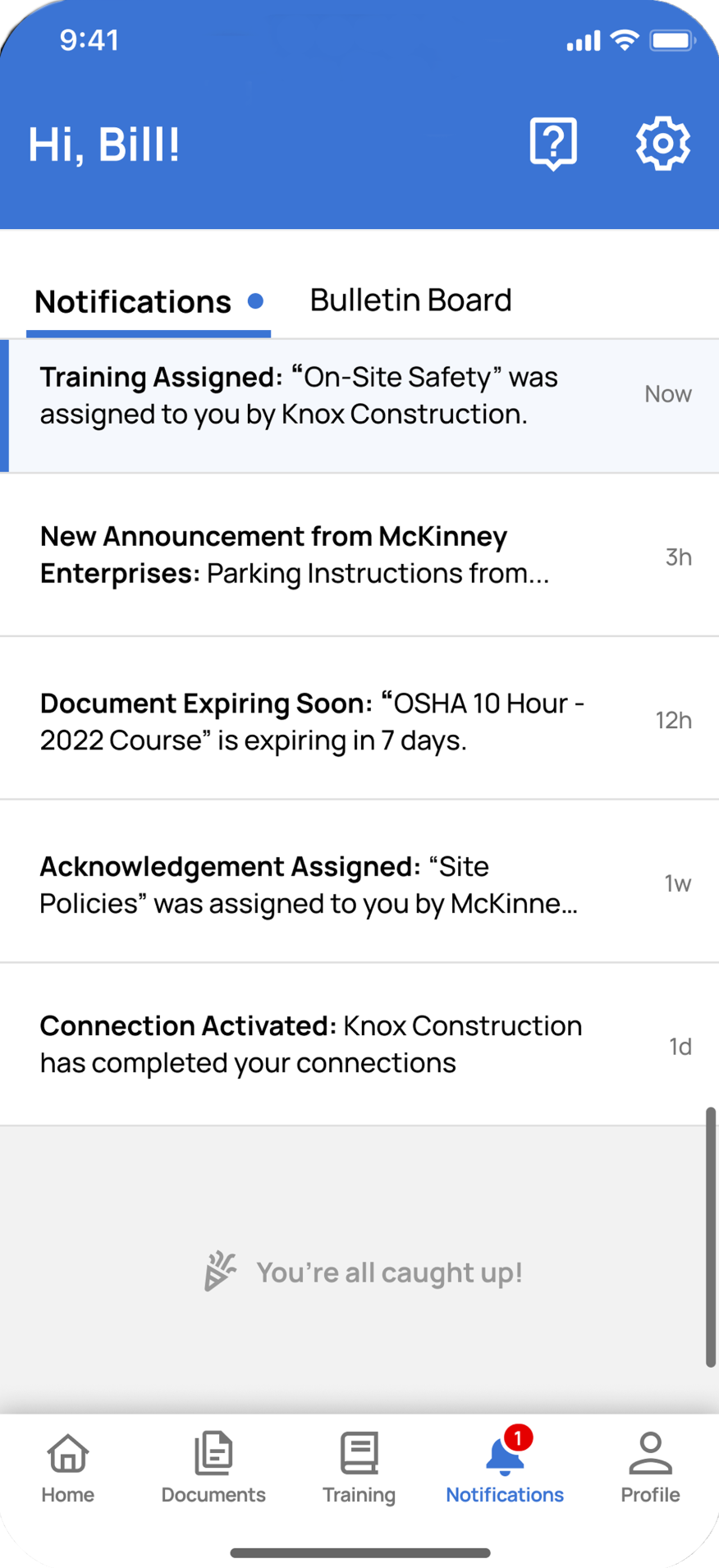 A smartphone screen displays notifications for Bill, including training assignments, announcements, and document expirations.