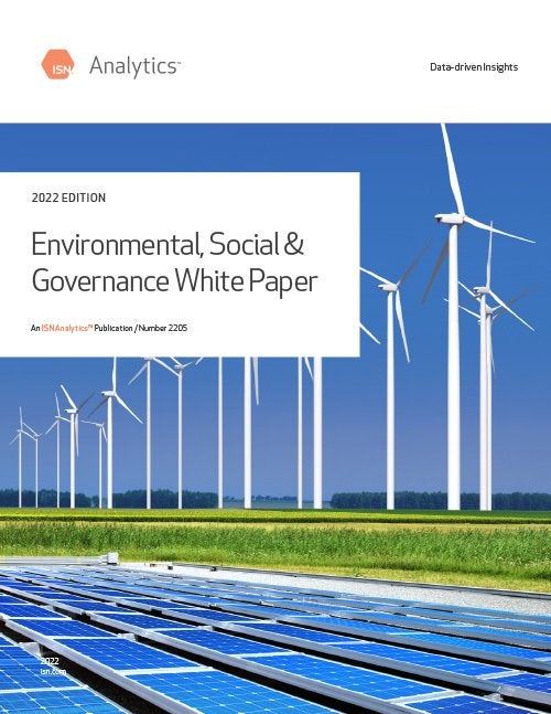 Cover of a white paper titled "Environmental, Social & Governance" featuring wind turbines and solar panels under a blue sky.